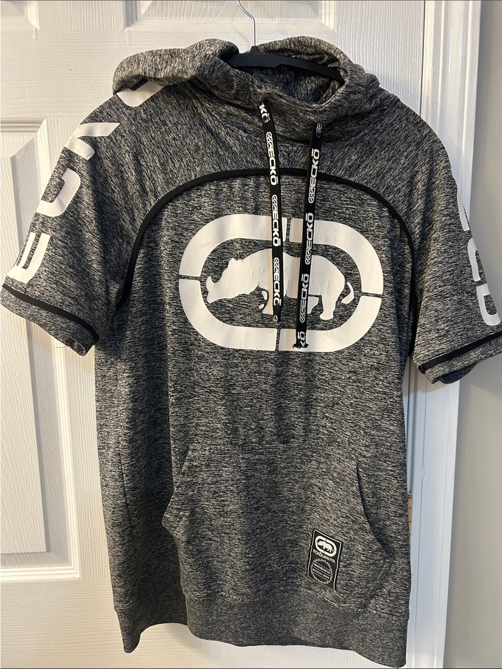 Ecko Unlimited Gray Heather Short Sleeve Hoodie Tee with White Rhino Logo